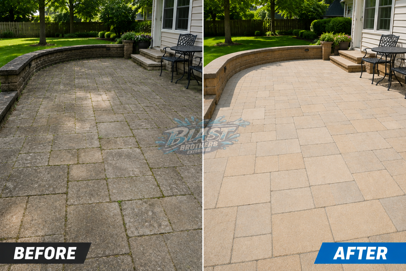 Paver patio before and after power washing